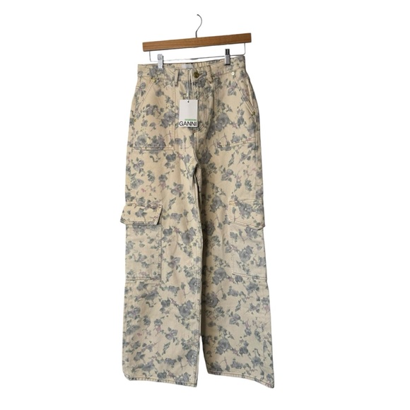 Ganni NEW Tofu Print Denim Angie Ivory Floral Wide Leg Cargo Denim Pant Size 30 - Picture 4 of 10